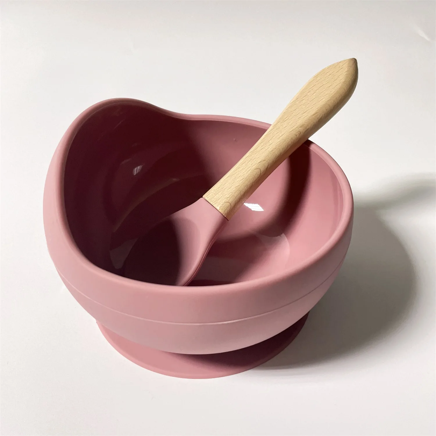 Custom High Quality Food Grade Suction cup design Silicone Baby Snail Bowl with wood handle spoon and fork