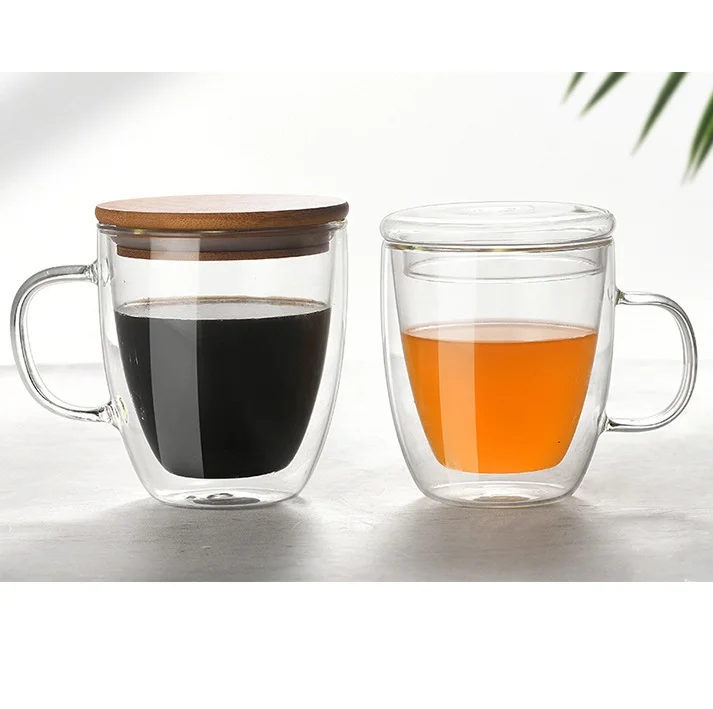 12oz 15oz  Double wall glass family Coffee Mug Tea Cup with bamboo lid