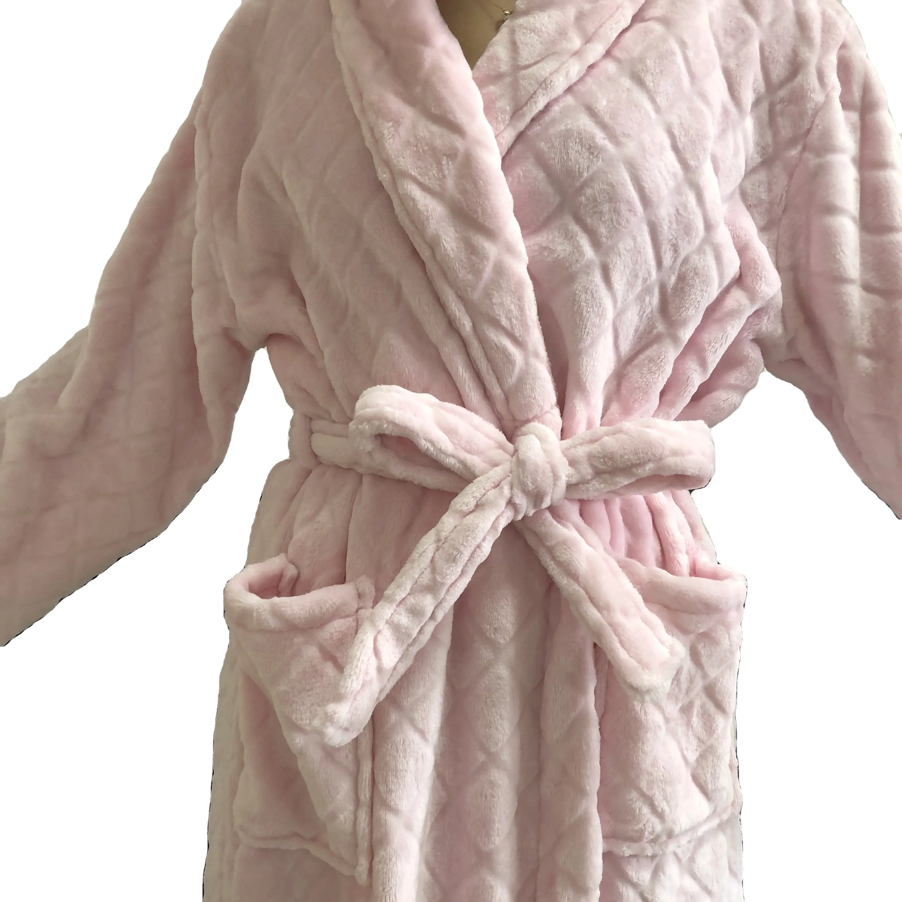 Womens Fleece Bathrobe  Shawl Collar Soft Plush Spa Robe coral  flannel pajamas gown