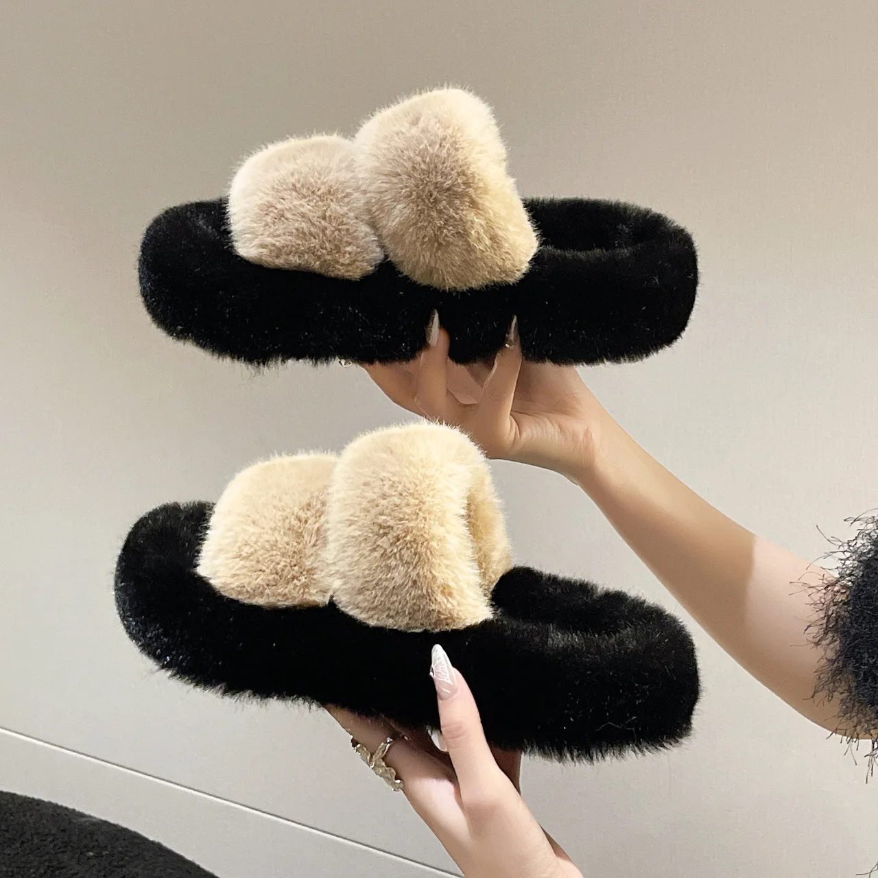 PDEP slipper femmes 2023 new color matching ladies flip flop thick bottom plush winter fashion fur  slippers women  wholesale.