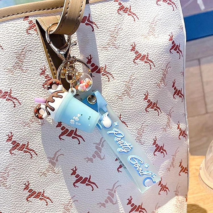 Custom Creative Ice Cream Milk Tea Mini 3D Pvc Keychain Metal Keyring Car Accessories  Rubber Key Chains