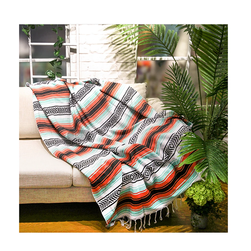 Top Quality Beach Yoga Home Decor Stripe Woven Candy Designer Custom Cotton Mexican Blanket With Tassel