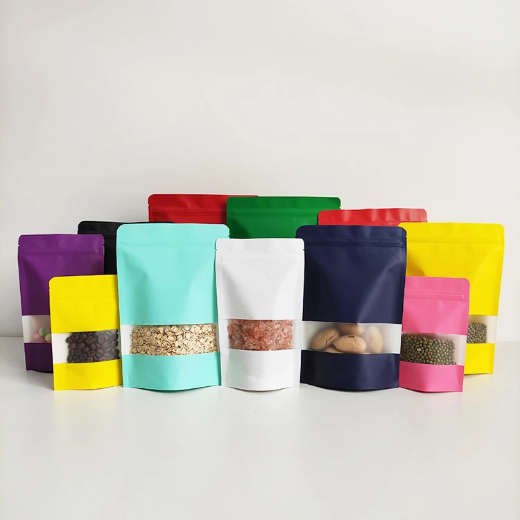 10x15cm Black Green Blue Red Yellow Pink Color Food Grade Stand Up Resealable Ziplock Kraft Paper Bag with Window