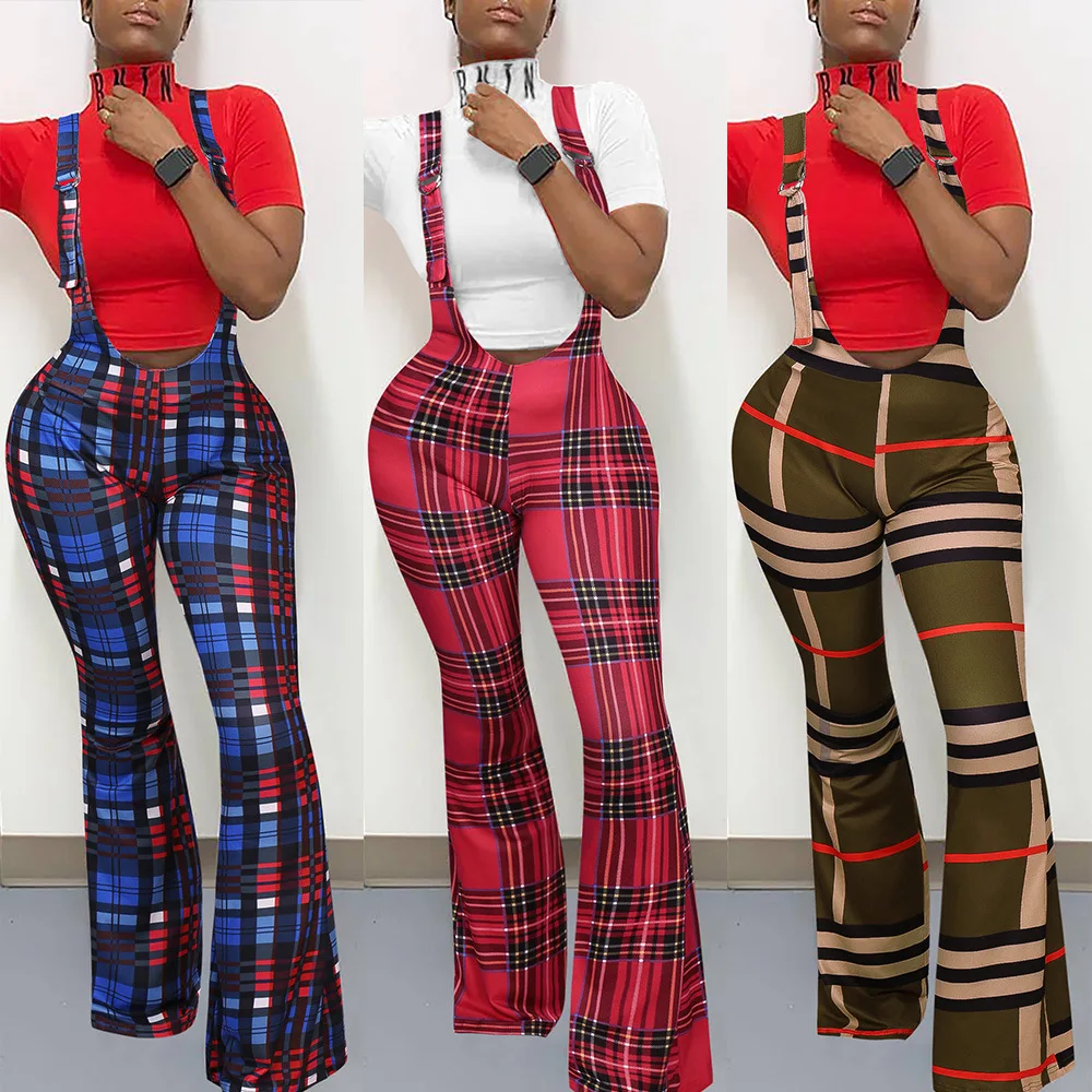 Plaid print suspenders jumpsuit Stylish slim pants zipper casual bell bottoms women grid pants