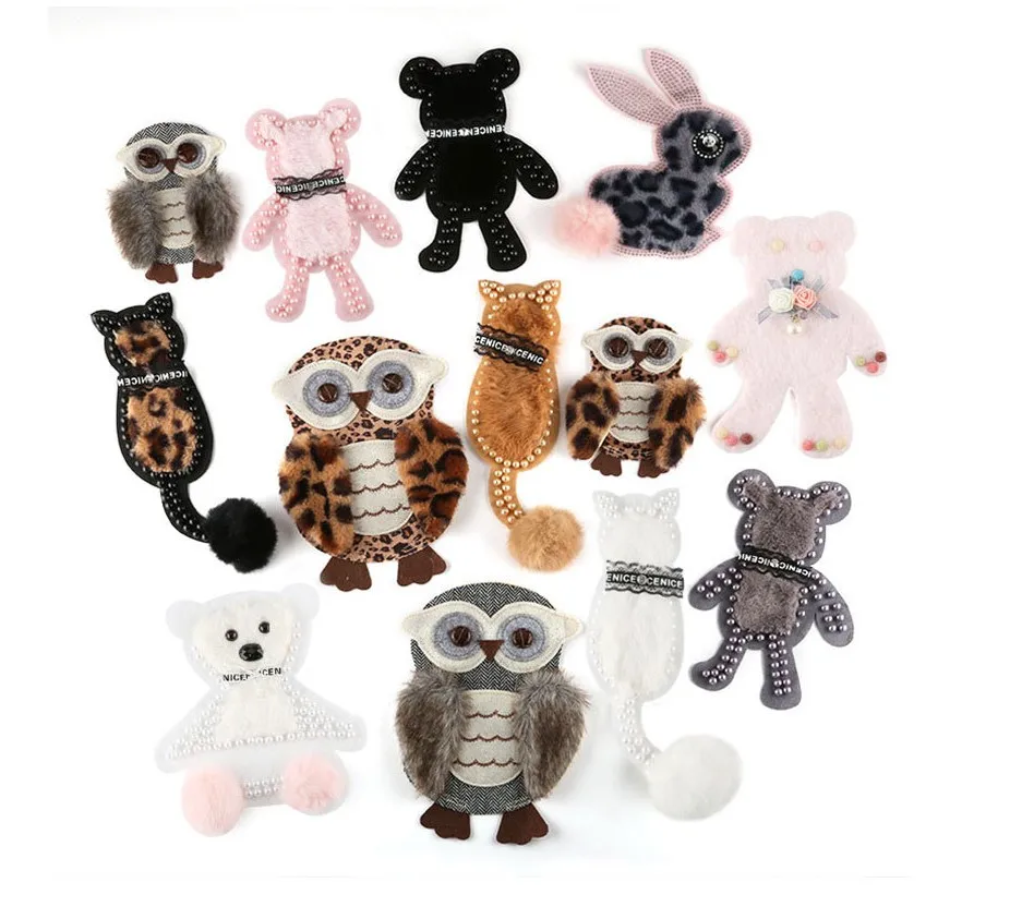 Pure Manual Bead Sewing Cartoon Owl Bear Rabbit Paste Cloth Embroidery Personalized Clothing Accessories Decorative Patch Paste