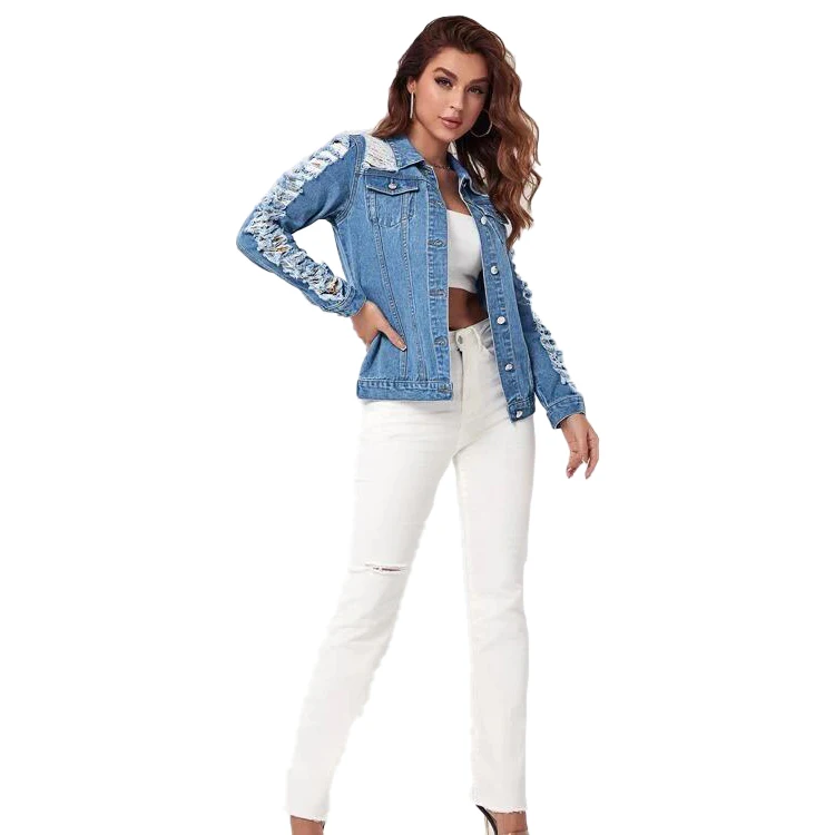 New design Ladies Denim Jacket Women Coat Casual Ripped Holes Womens Jean Jackets