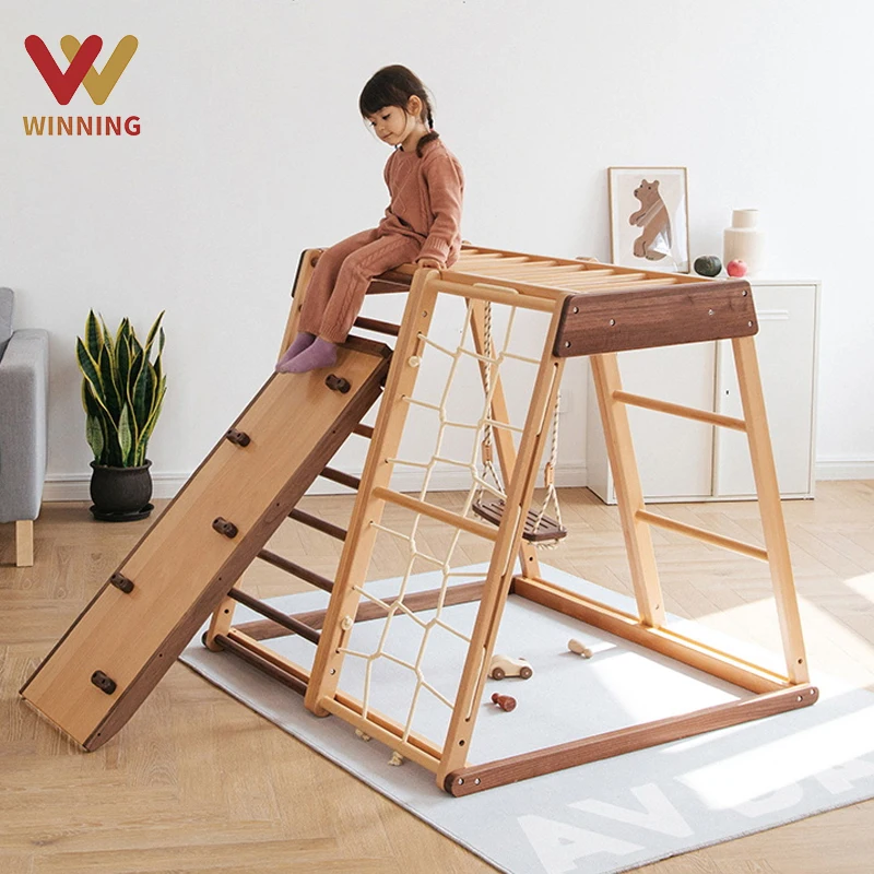 Children Climbing Frame Solid Wood Household Small Slide Slide Combination Baby Sensory Training Interactive Play Wooden Frame