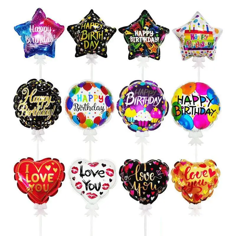 Wholesale Party Decoration Printed 6 Inch Self Inflating Round Hand Stick Heart Star Foil Balloon
