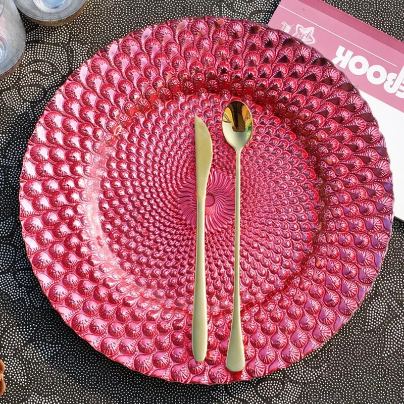 13Inch Tableware Wedding Decoration Glass Under Plates Catering Event Peacock Glass Charger Plate