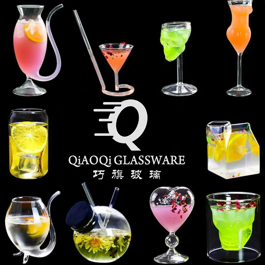 Creative Hand Blown High Borosilicate Glass Wine Cocktail Glass with Built-in Glass Straw