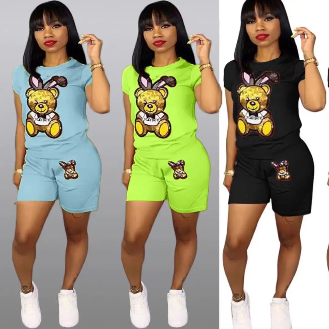 Женский летний костюм для бега комплект из двух предметов: шорты с блестками и мультяшным принтом большие размеры 3xl