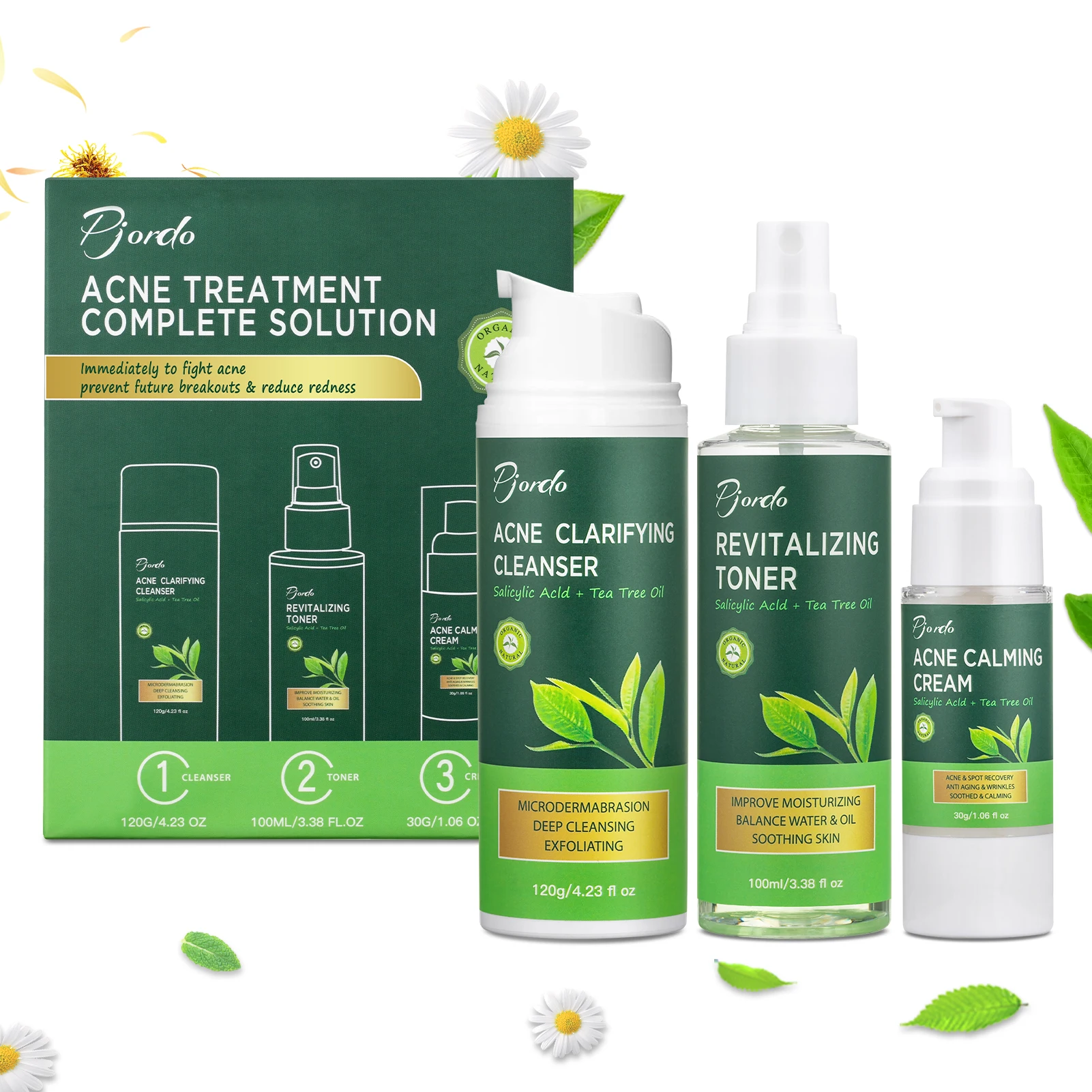 Pjordo Private Label Moisturizing Anti Redness Skin Soothing Tea Tree Acne Treatment Skincare Set 3PCS Tea Tree Skin Care Set