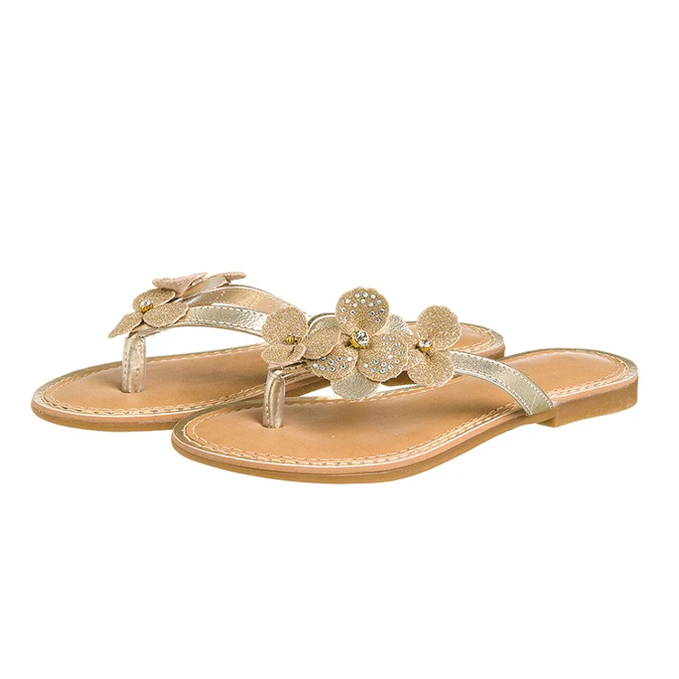 Wholesale Custom Fashion Leisure Golden Glitter Leather With Flower Kids Children Flip Flop Slippers For Little Girls