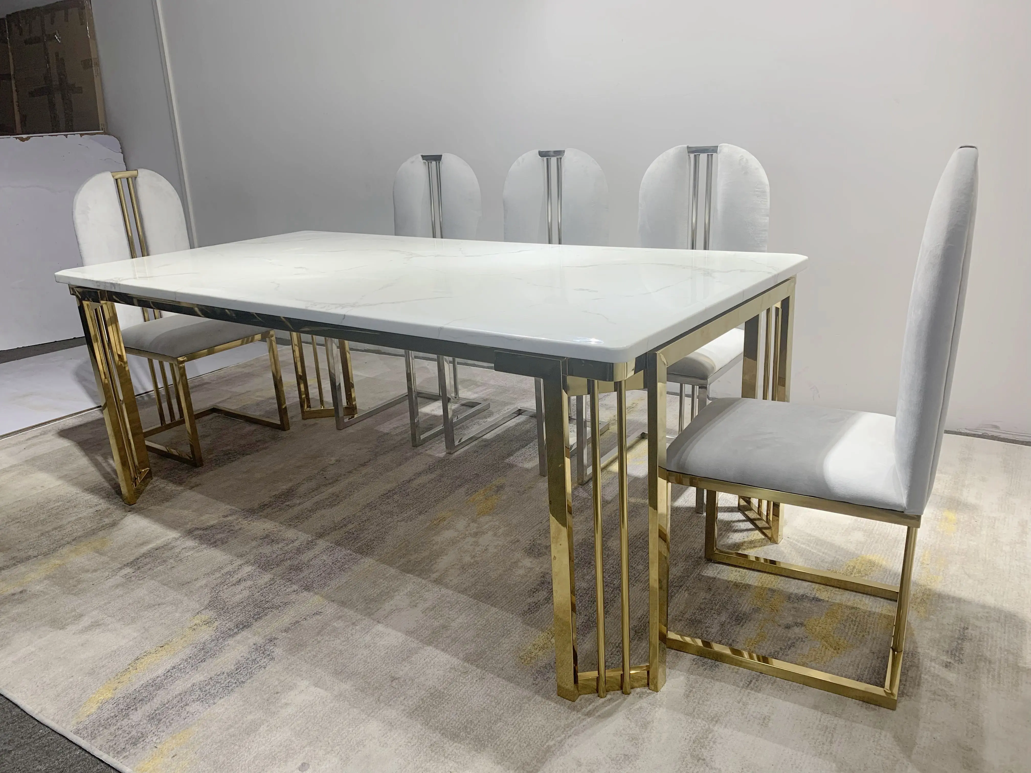 5780 Luxury  gold chromed dinning table set 8 chairs dining room furniture
