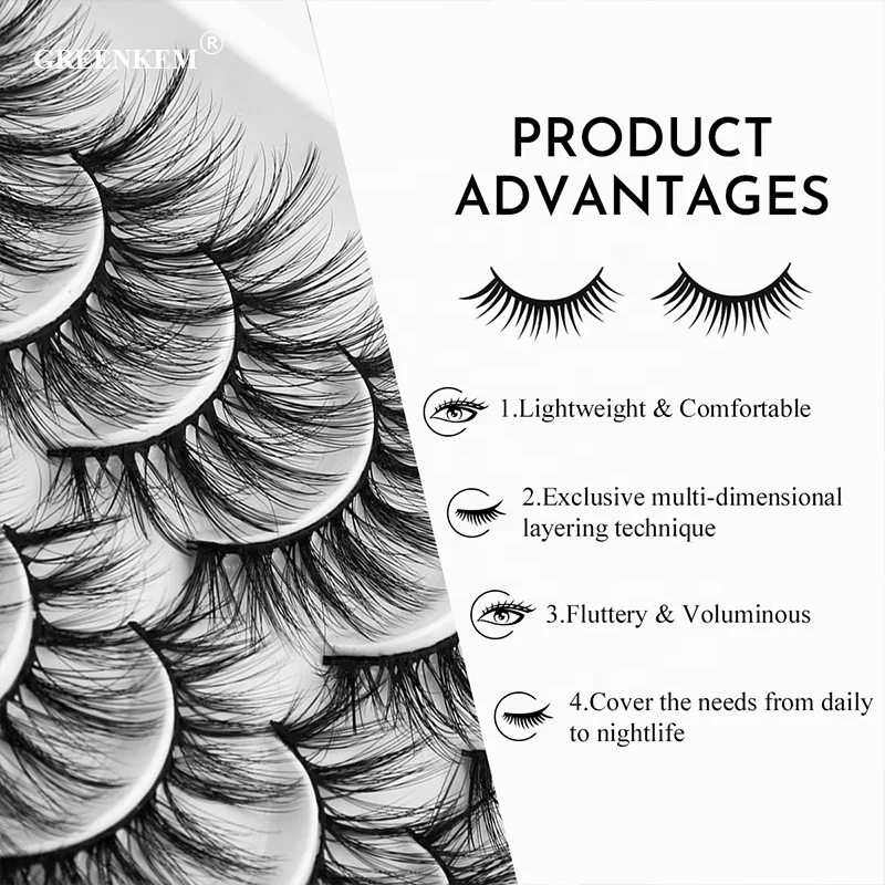 GREENKEM Natural False Eyelashes Thick Makeup Real Soft Eyelash Extension Eyelash Boxes Custom Logo Packaging 3D Mink Lashes