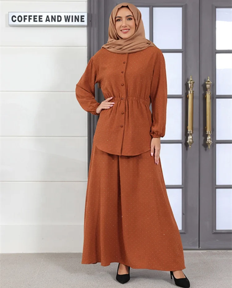 Sequin Arab Women Eid Muslim Two Pieces Sets Blouse Wide Leg Pant Ensemble Belt Single Button Shirt Ramadan Modest Clothing