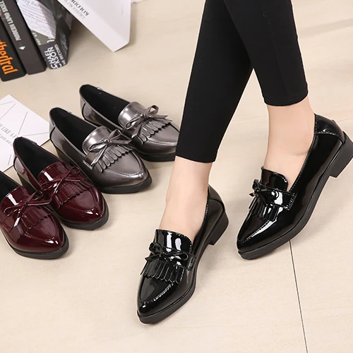 high quality new fashion cheap soft Patent PU leather pure color tassel bowknot bow women gril lady flat shoes women