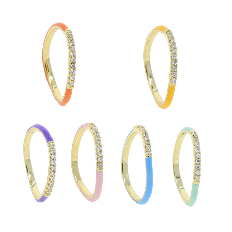 Delicate Gold Plated Fine Jewelry Micro Pave Cubic Zirconia Candy Rainbow Enamel Wave Stacking Ring For Women