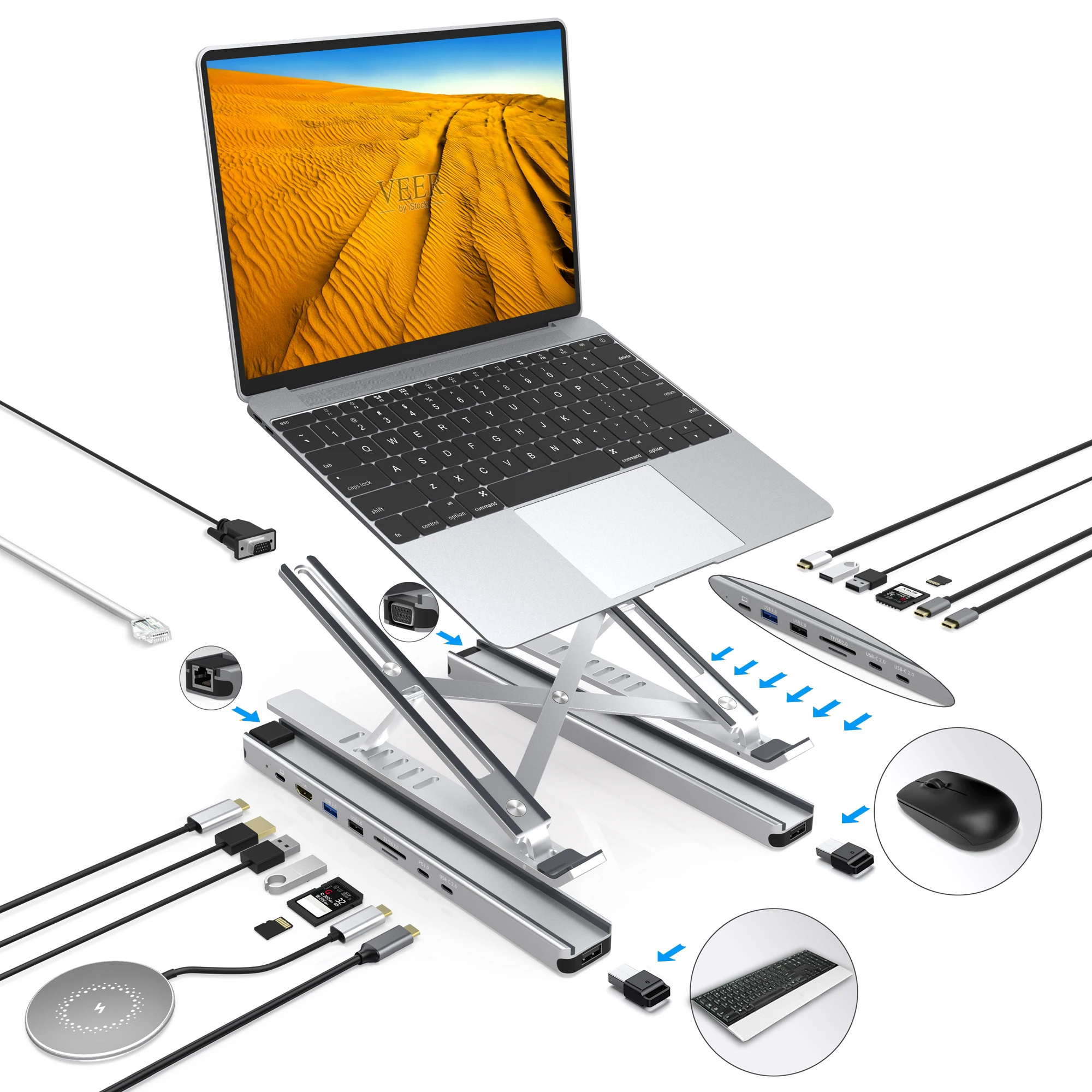 USB A 3.0 USB A 2.0  A RJ45 VGA SD TF Card Reader Type C  HDM I Port USB Multiple ports Hub Laptop Stand