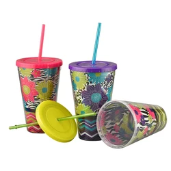 Clear leakproof 16 oz drinking glasses plastic double insulated tea infusers tumblers with lid and straw