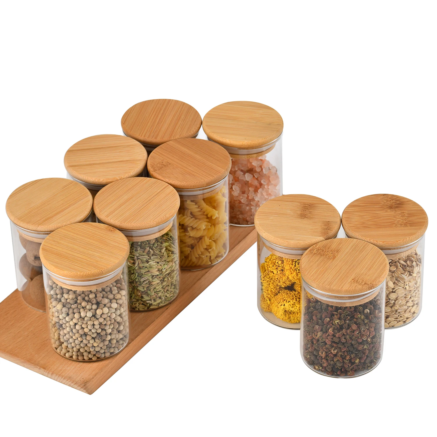 Borosilicate kitchen glass food container clear airtight storage jar with wood bamboo lid for herbs and spices storage