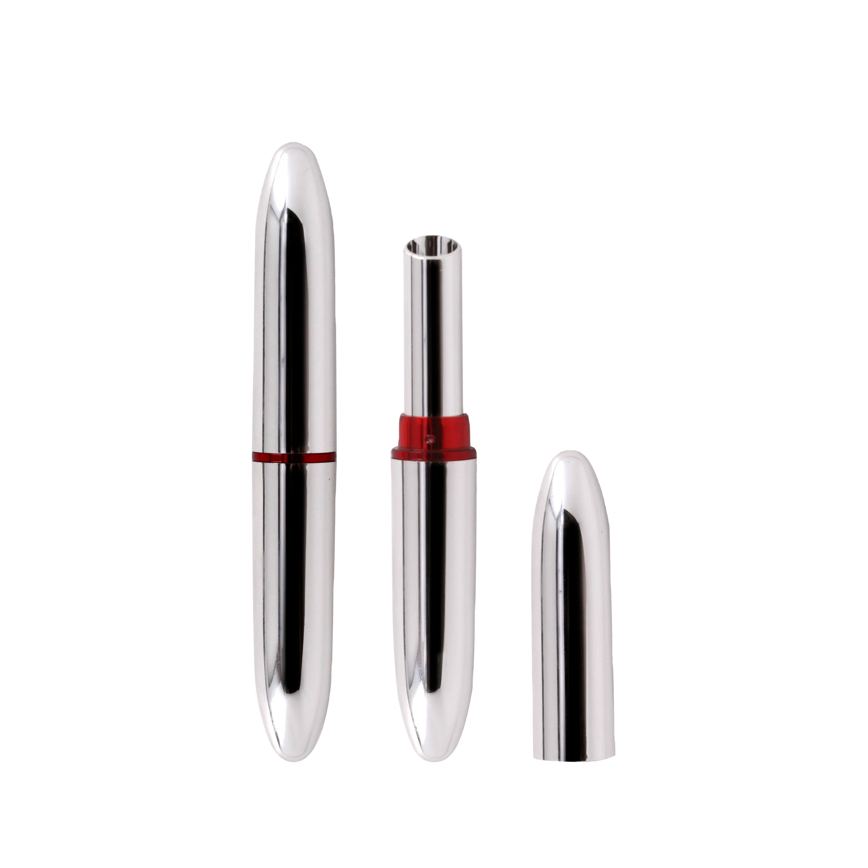 Custom Logo Fashion Unique Shiny Silver Empty Thin Plastic Lip Pipe Oval Lipstick Tubes Slim