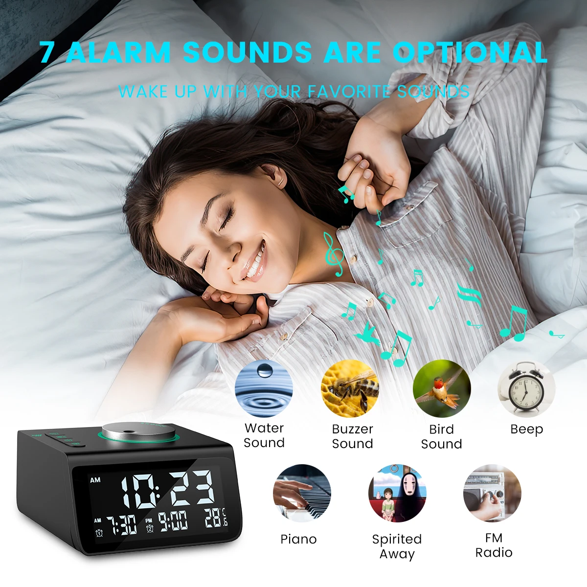 Digital bedside Alarm Clock with FM Radio Dual USB Charging Ports AUX Temperature Detect Snooze Hotel room