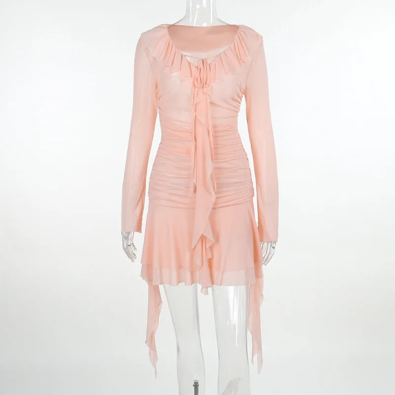 Ribbon mesh pleated y2k style pull straps long sleeve hip short dress for women