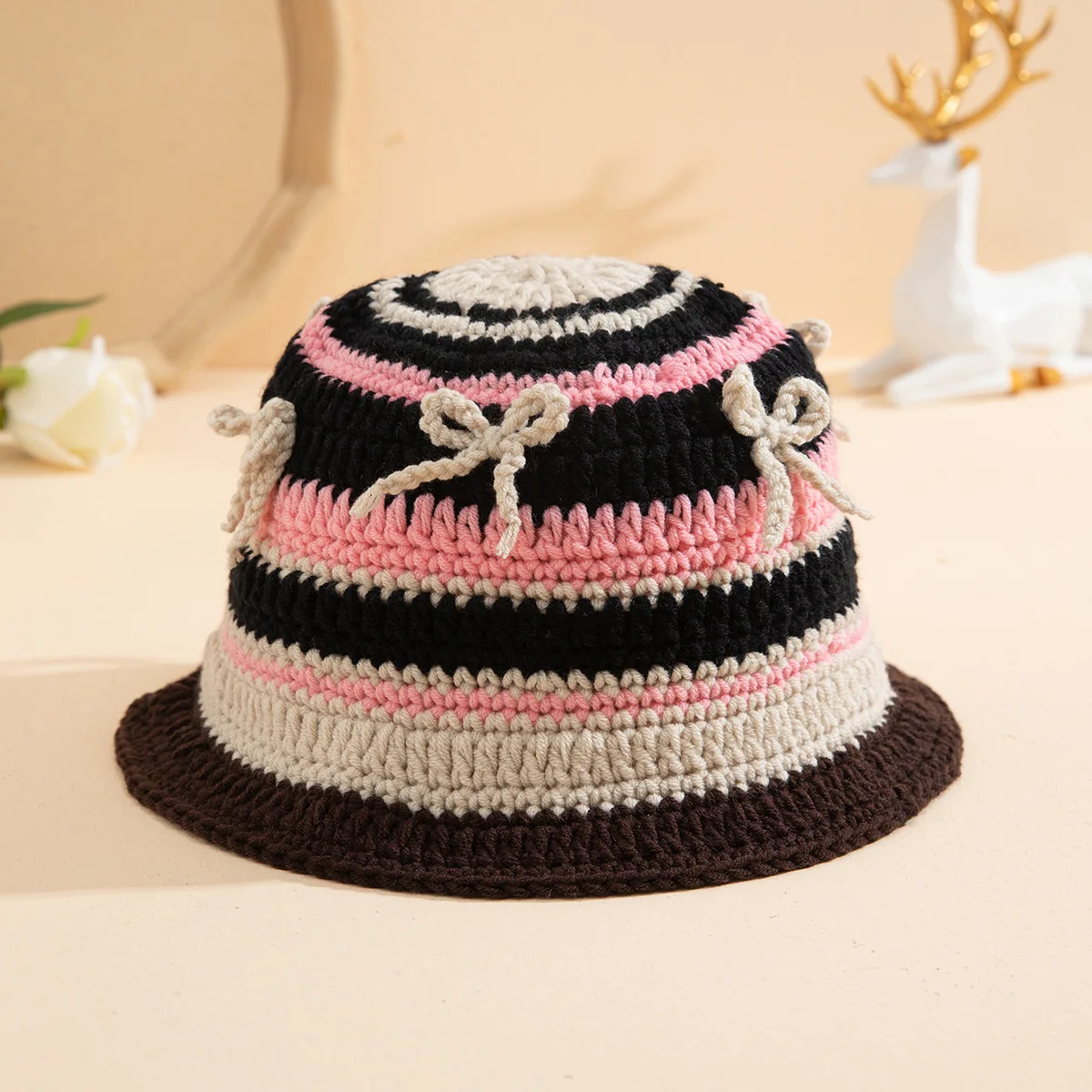 MADESHINE Stylish Rainbow Colorful Sweet Striped Kufi Beanie Bow Decor Women Knitted Handmade Crochet Bucket Hat