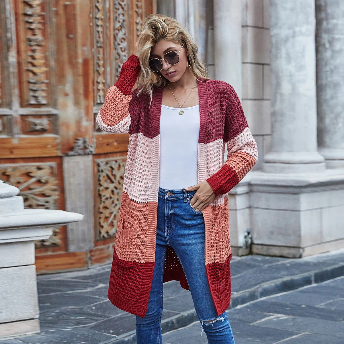 Amazon Hot Selling Autumn Winter Knit Cardigan Colorful Plus Size Striped Sweater Women