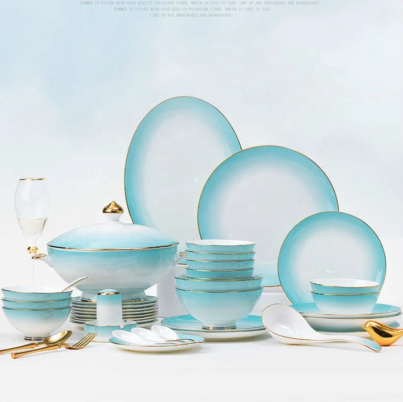 Ceramic tableware Gradual blue dishes Set high-grade bone china tableware 60 head wholesale gifts Home
