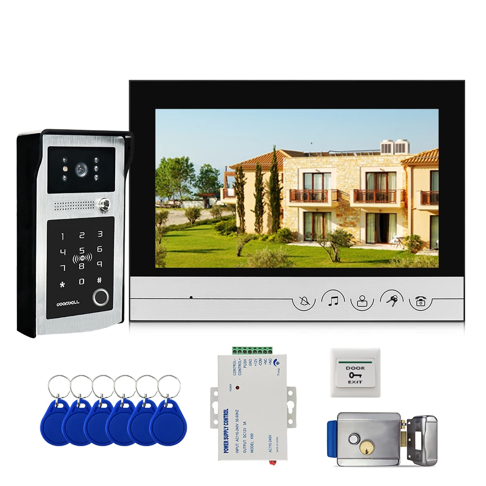 Проводной видеодомофон 9 дюймов, система распознавания отпечатков пальцев, с ИК-подсветкой, ночное видение, дверной звонок для дома