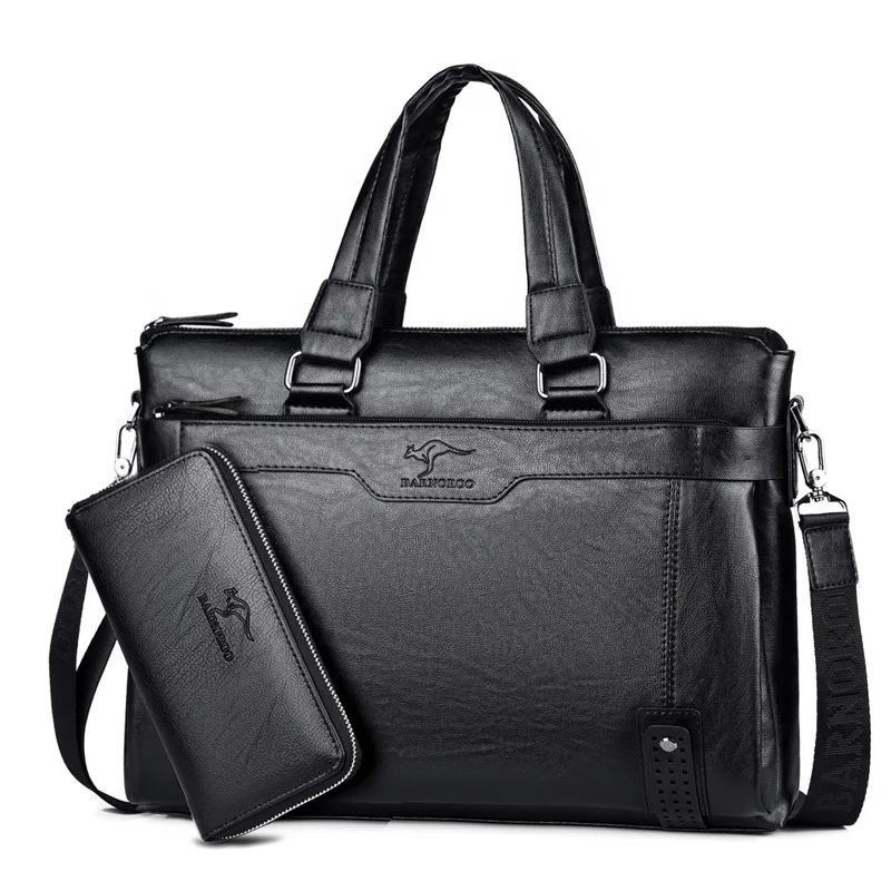 
classical multi-function 14 inch leather brown laptop briefcase bag male black handbag set with wallet shoulder bags 