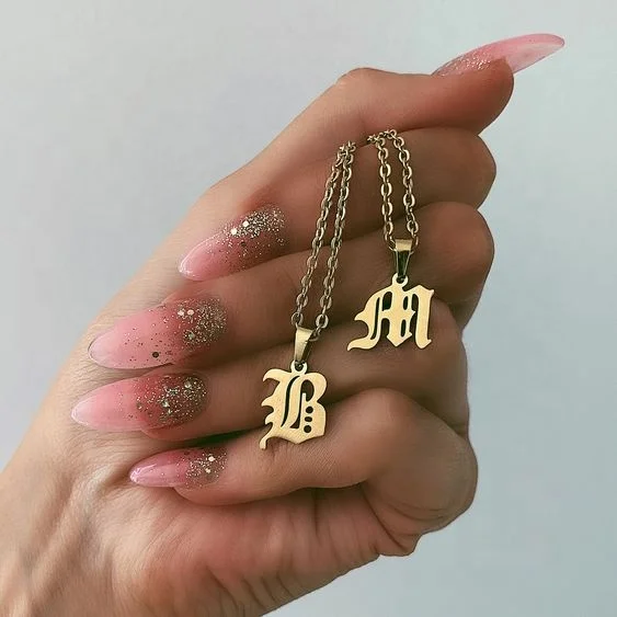 Personalized Women Men Old English Initial Nameplate Custom 18K Gold Plated Stainless Steel Initial Necklace