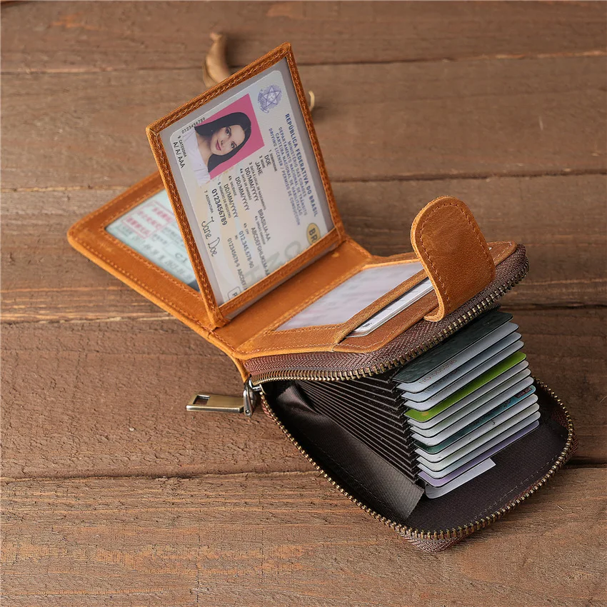 Card Case Wallet Leather Pocket Wallet Vintage Cowhide Credit Card Organizer Zip Card Holder for Women Men