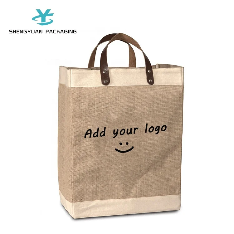 Custom Printed Eco Organic Reusable Large Shopping Tote Burlap Jute Bag With Leather Handles