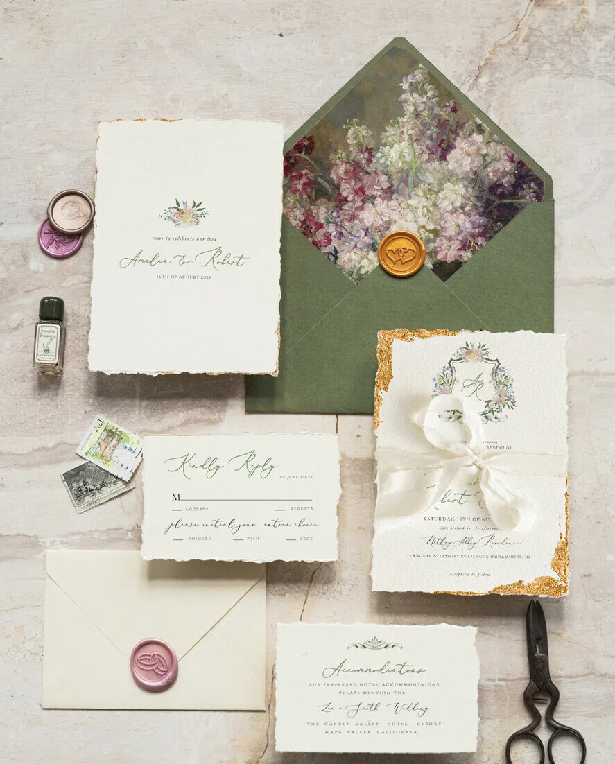 Fine Art Ivory Gold Deckled Edge Cotton Paper Wedding Invitation Cards Floral Print Liner Green Envelope Invites Mariage Suite