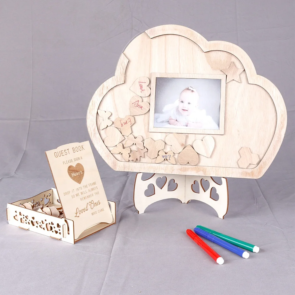 Personalize first communion Rustic Wooden Clouds Guest Book  Custom Acrylic Baptism Baby Shower Guest Book Wishes drop box