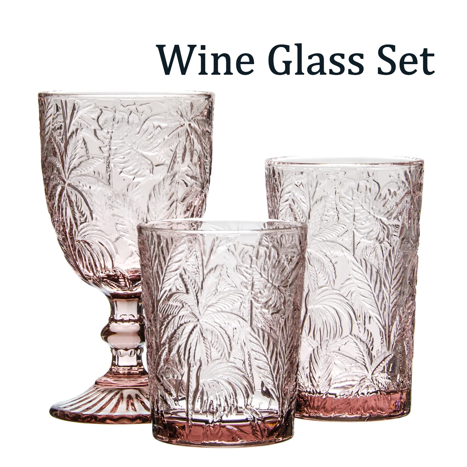 Wholesale Vintage Retro Coconut Tree Embossed Pressed Goblet Blue Pink Green Colored Glassware Cup Wine Glasses