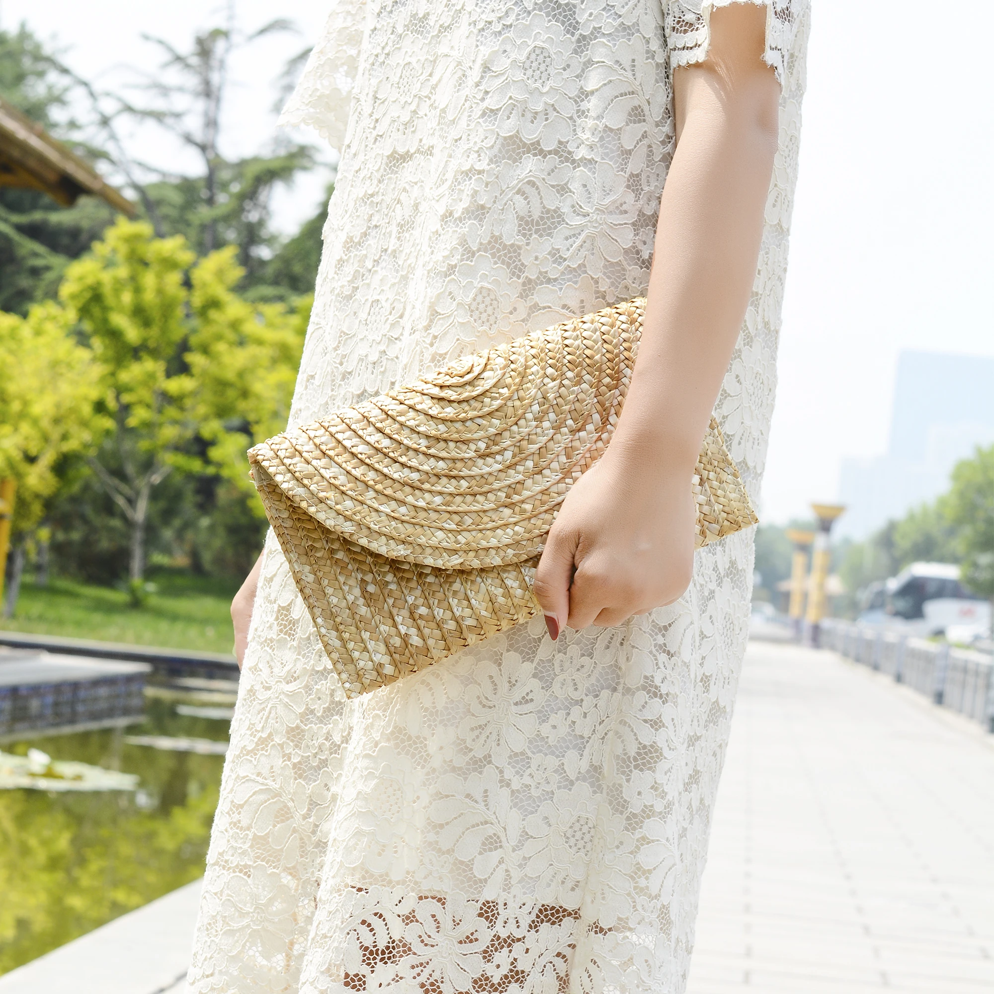 Yellow straw beach bag wheat straw clutch handmade straw pouch
