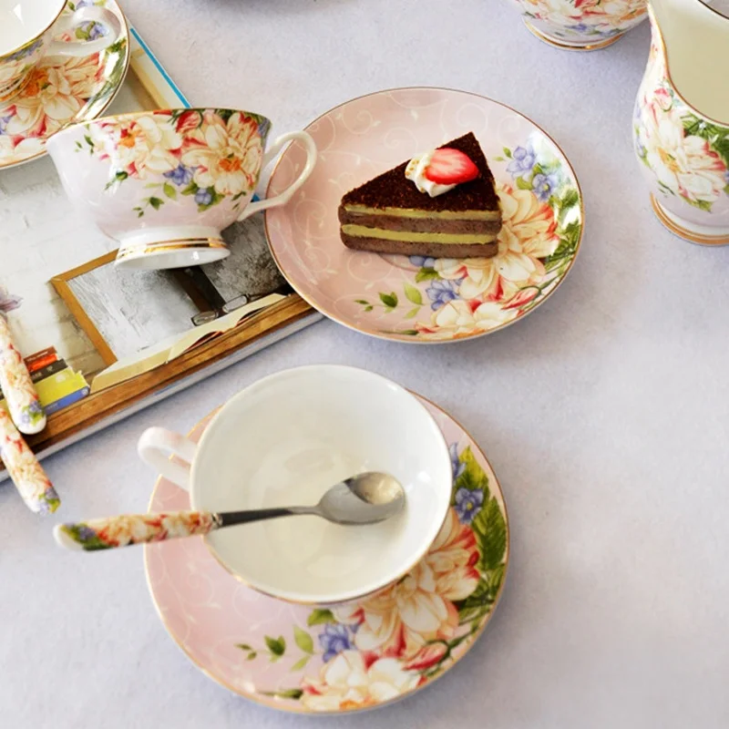 pink color with  flower and gold line  good quality bone china coffee tea set