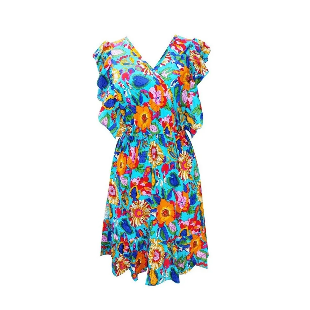 High Quality Fashion Summer women floral printed Seablue dress Wholesale Factory Direct Sale Ladies Clothing