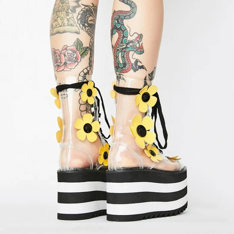 Transparent PVC Women Dress Shoes Sexy Platform Wedges Chunky Heel Flowers Pumps Lace Up High Heel Clear Women Ankle Boots