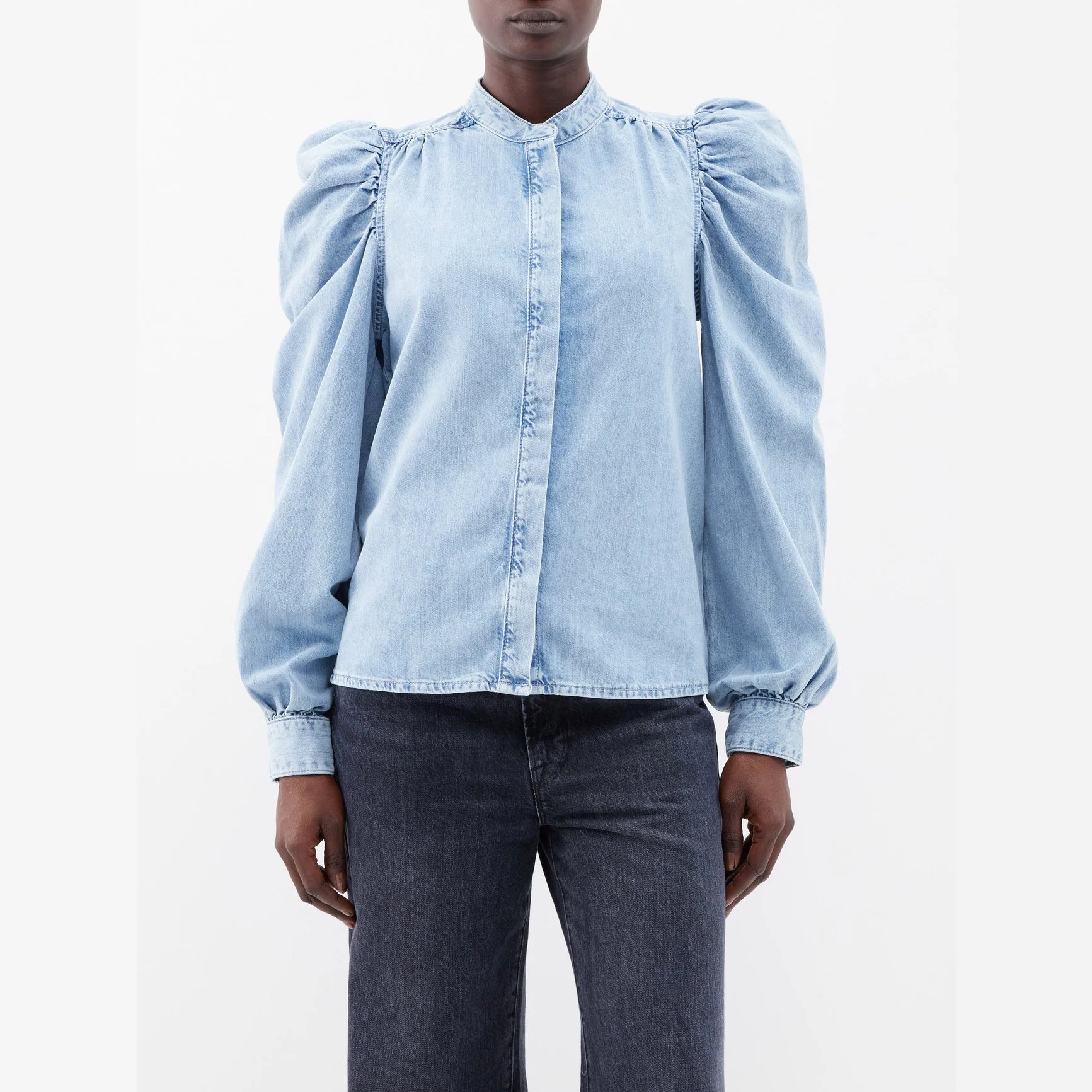 Women OEM/ODM Custom Official Ladies Blouse Denimjeans Shirred Shoulders Long Sleeve Top Puff-sleeve Lightweight Cowboy Shirt