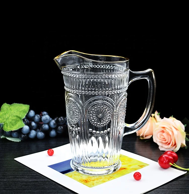 Hot Sale Machine Made Sunflower Design Vintage Wine Glasses Cups Drinking high-ball Glass Goblets Pitcher Tumbler With Gold Rim