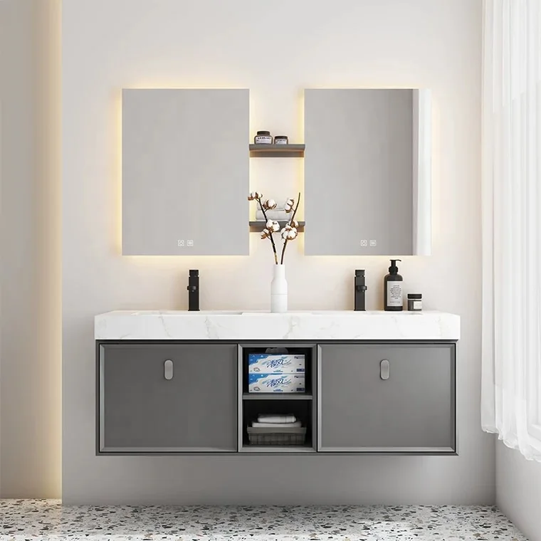 Modern Wall Hanging Hotel Marble Bathroom Double Sink Vanity Cabinets Bathroom Storage Cabinet