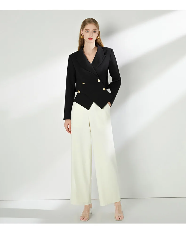 New arrivals dropshipping high quality elegant official business two pieces wide leg trouser and blazer suit set for ladies