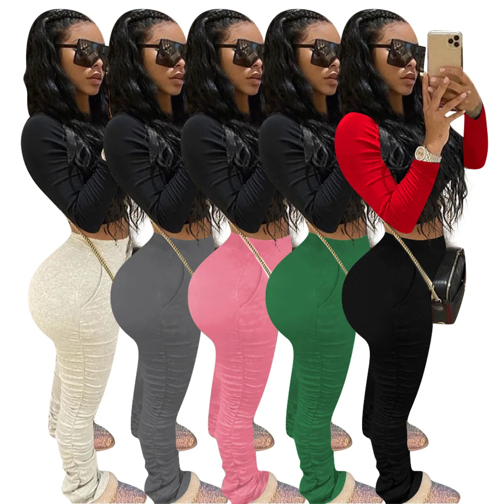 Оптовая продажа однотонные женские штаны с высокой талией и рюшами складные леггинсы повседневные