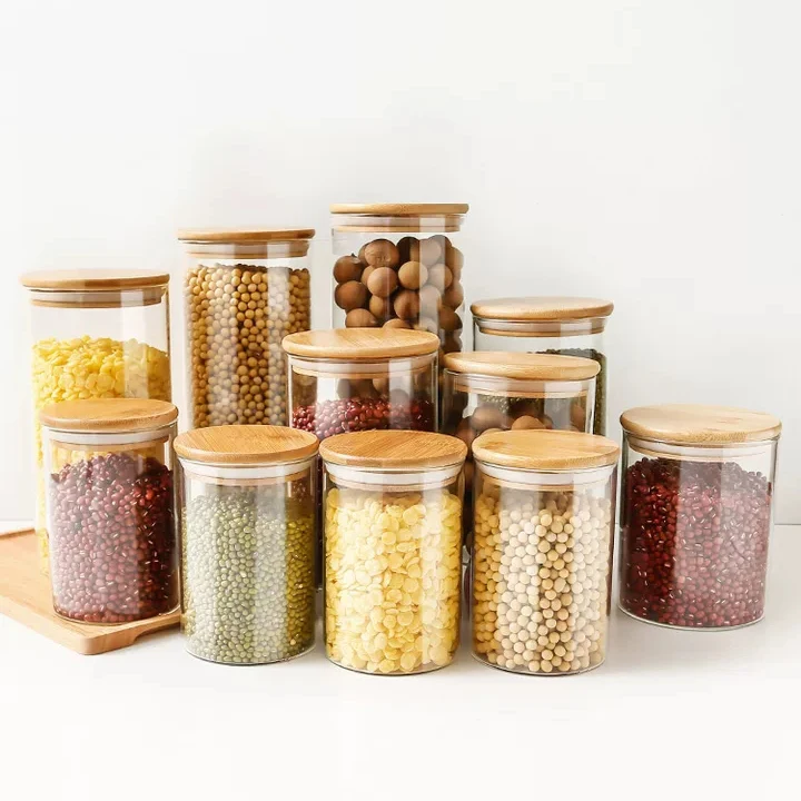 Round jars glass food with Bamboo Lids  Kitchen Container Food Preservation Diameter 6.5cm