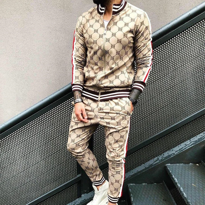 2021 fall fashion full body print jogging suits casual sportswear Polyester material men zipper jogging suit